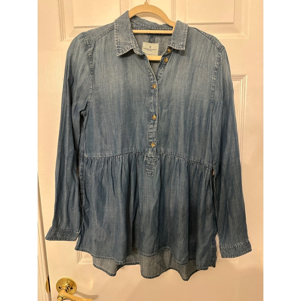 American Eagle Jegging Fit Chambray Peplum Top Blue Lyocell Long Sleeve Large